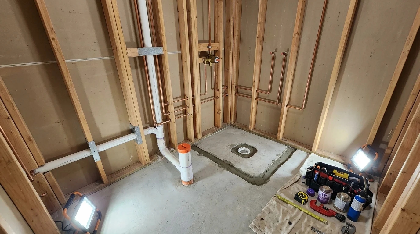 Bathroom rough-in plumbing during remodel by Johns Plumbing LLC in Hilton Head Island