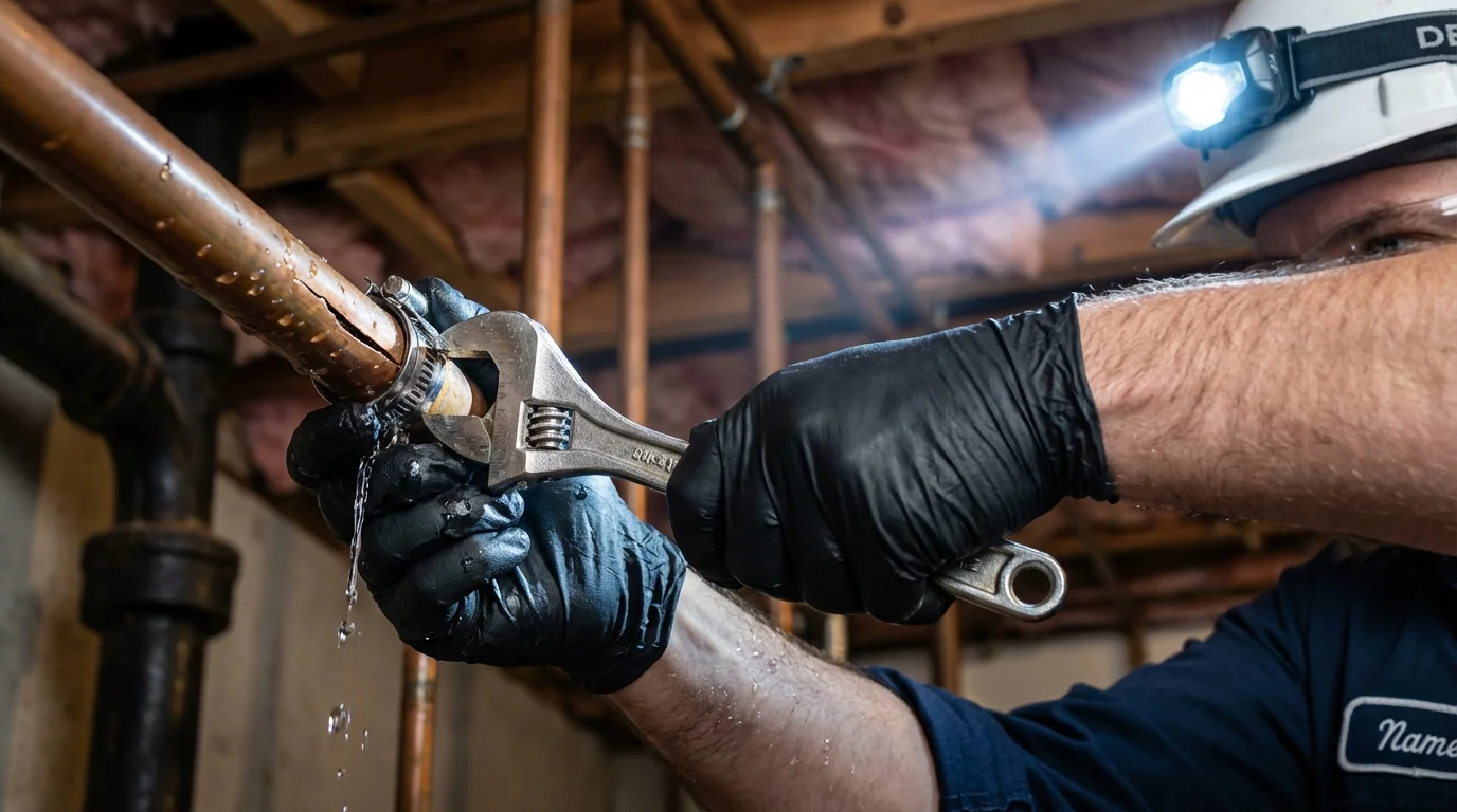 Emergency pipe clamp repair being performed by a Johns Plumbing LLC plumber in Hilton Head Island