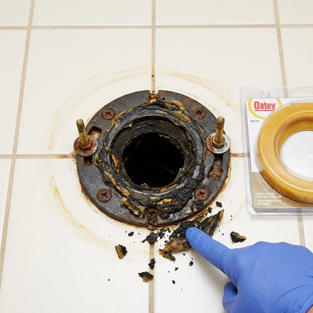 Failed wax ring showing water seepage at the base of a toilet in a Hilton Head Island, SC home