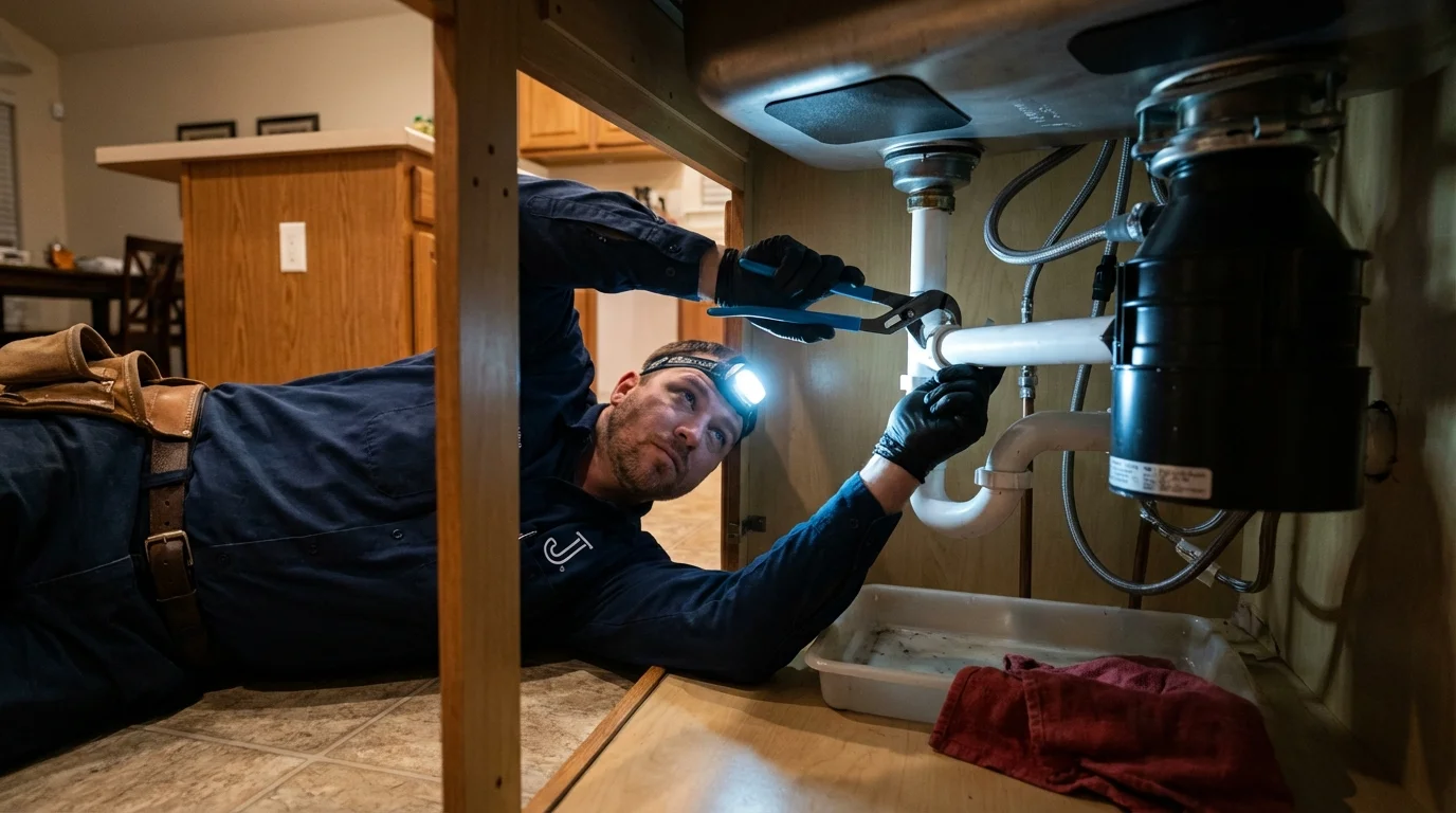 P-trap and supply line connections under a kitchen sink showing a common leak point in Hilton Head Island, SC